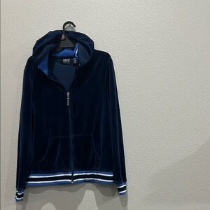 Navy Blue Velour Track Jacket with Striped Trim